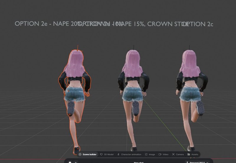 Three Agent C hair variants running side by side in Blender