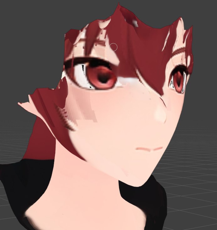 Close-up of a Meshy-painted face with hair colour in the forehead skin