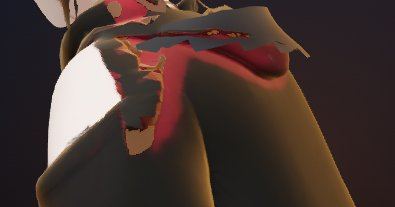 The rebuilt rear shoulder in the game, before the brush: a blotch of red and black