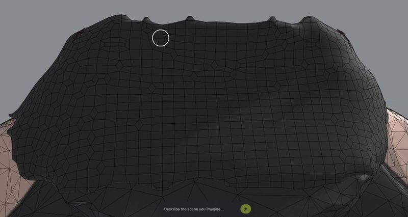 The voxel-banded hood top in wireframe, a few stray spikes along the top edge