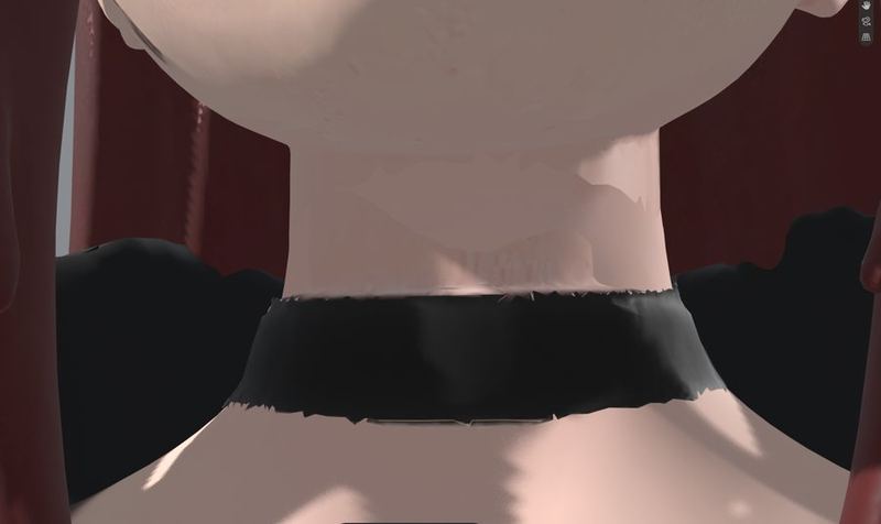 The neck above the choker: two tones of skin in patches